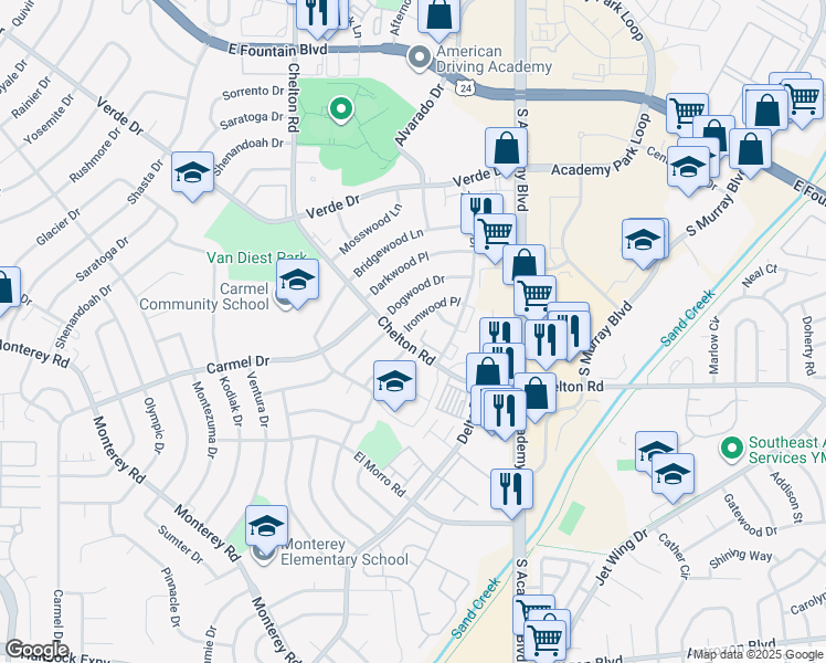 map of restaurants, bars, coffee shops, grocery stores, and more near 3535 Ironwood Place in Colorado Springs