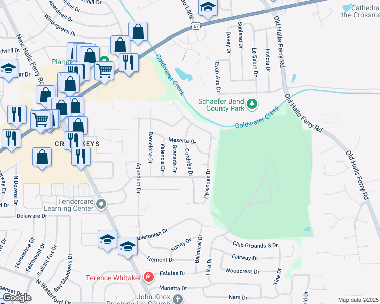 map of restaurants, bars, coffee shops, grocery stores, and more near 2070 Cordoba Drive in Florissant