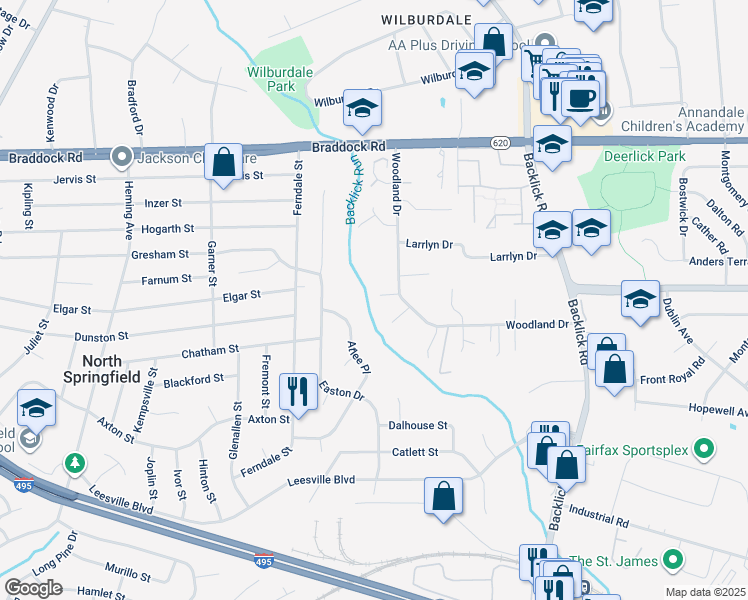 map of restaurants, bars, coffee shops, grocery stores, and more near 7123 Woodland Drive in Springfield