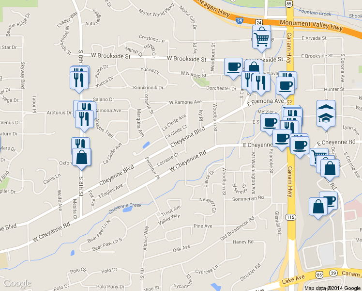 map of restaurants, bars, coffee shops, grocery stores, and more near 215 Cheyenne Boulevard in Colorado Springs