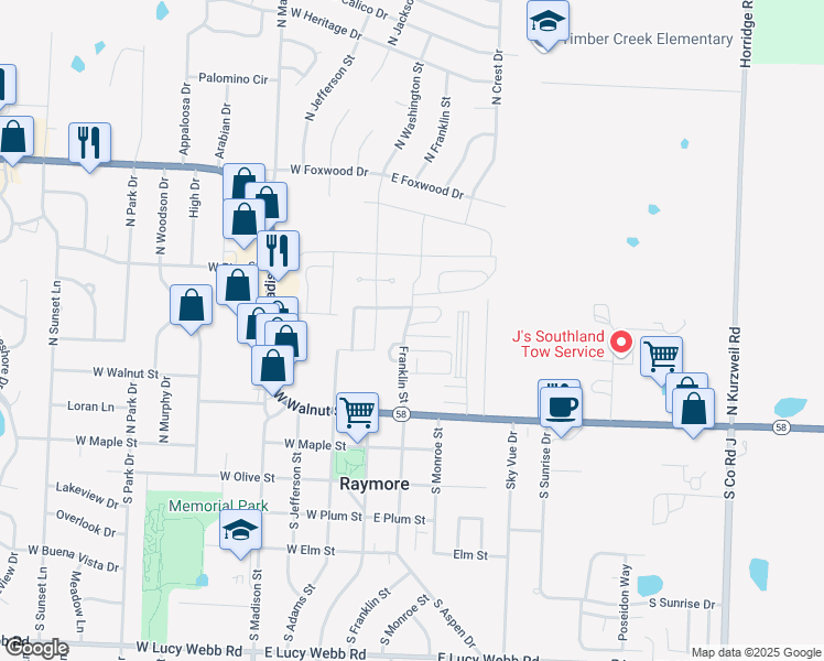 map of restaurants, bars, coffee shops, grocery stores, and more near 217 Jenny Lane in Raymore