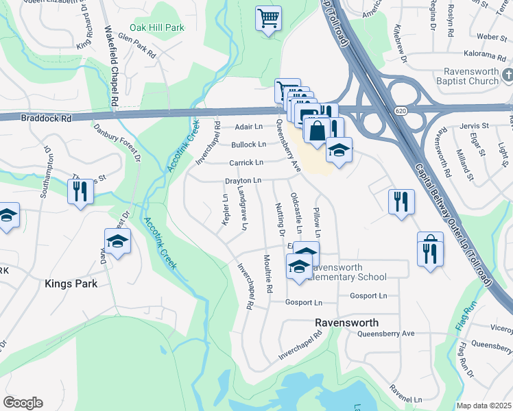 map of restaurants, bars, coffee shops, grocery stores, and more near 5309 Moultrie Road in Springfield