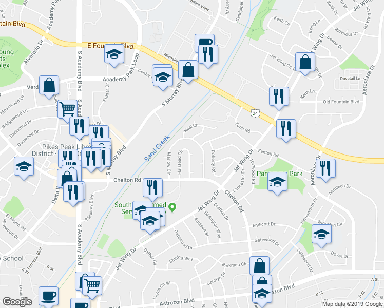 map of restaurants, bars, coffee shops, grocery stores, and more near 4296 Marlow Circle in Colorado Springs