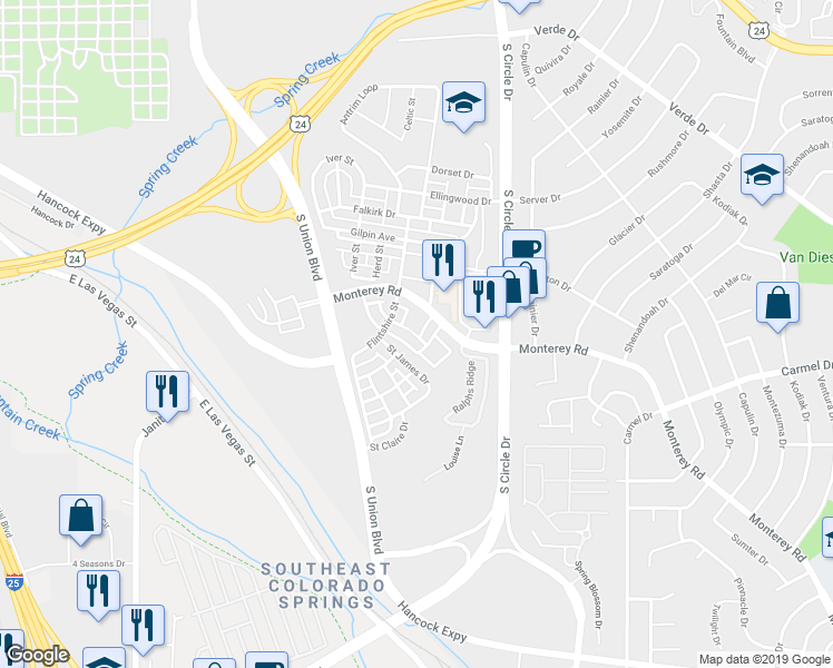 map of restaurants, bars, coffee shops, grocery stores, and more near 2314 Saint Paul Drive in Colorado Springs