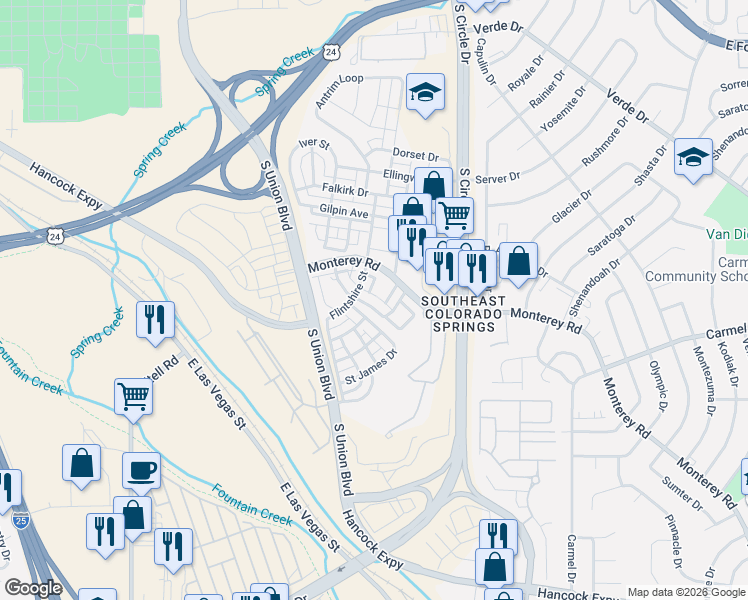 map of restaurants, bars, coffee shops, grocery stores, and more near 2314 Saint Paul Drive in Colorado Springs