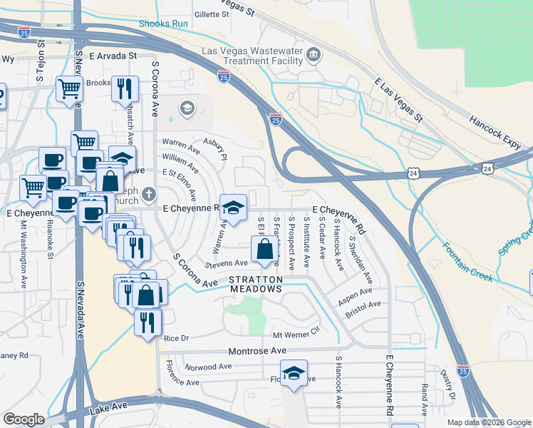map of restaurants, bars, coffee shops, grocery stores, and more near 1903 South El Paso Avenue in Colorado Springs