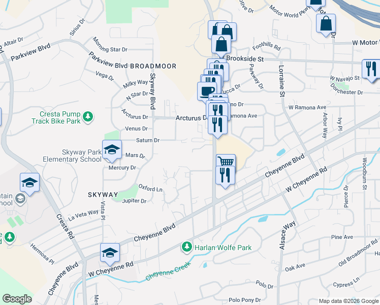 map of restaurants, bars, coffee shops, grocery stores, and more near 859 Redemption Point in Colorado Springs