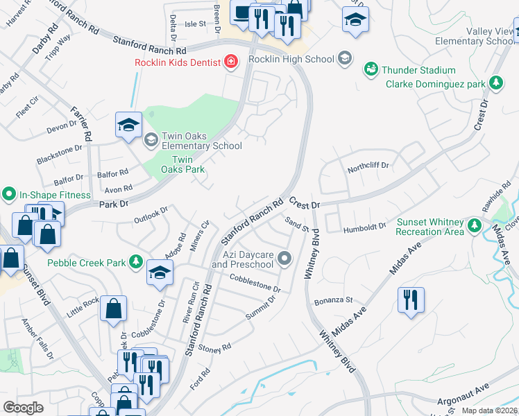 map of restaurants, bars, coffee shops, grocery stores, and more near 5612 Terrace Drive in Rocklin