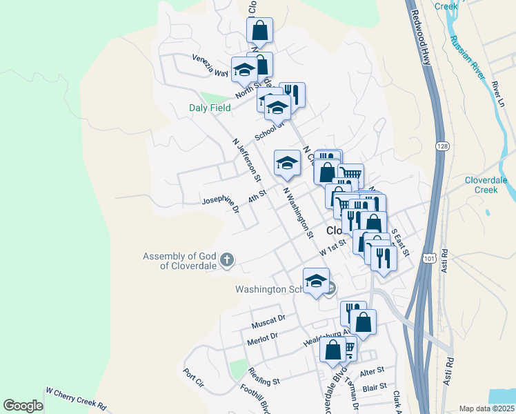 map of restaurants, bars, coffee shops, grocery stores, and more near 311 North Jefferson Street in Cloverdale