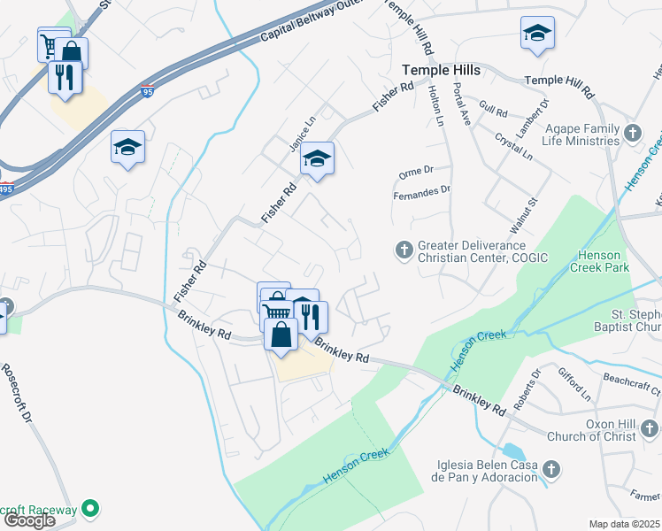 map of restaurants, bars, coffee shops, grocery stores, and more near 6001 Saint Moritz Drive in Temple Hills