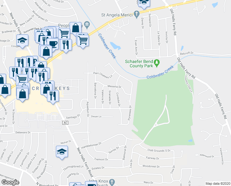 map of restaurants, bars, coffee shops, grocery stores, and more near 2063 Cordoba Drive in Florissant