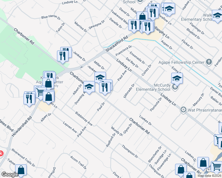 map of restaurants, bars, coffee shops, grocery stores, and more near 525 Paul Avenue in Florissant