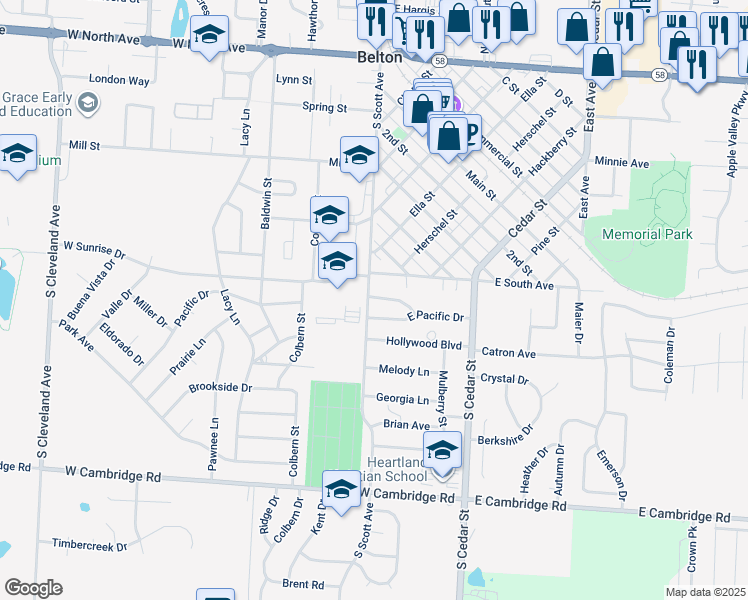 map of restaurants, bars, coffee shops, grocery stores, and more near 113 East Sunrise Drive in Belton