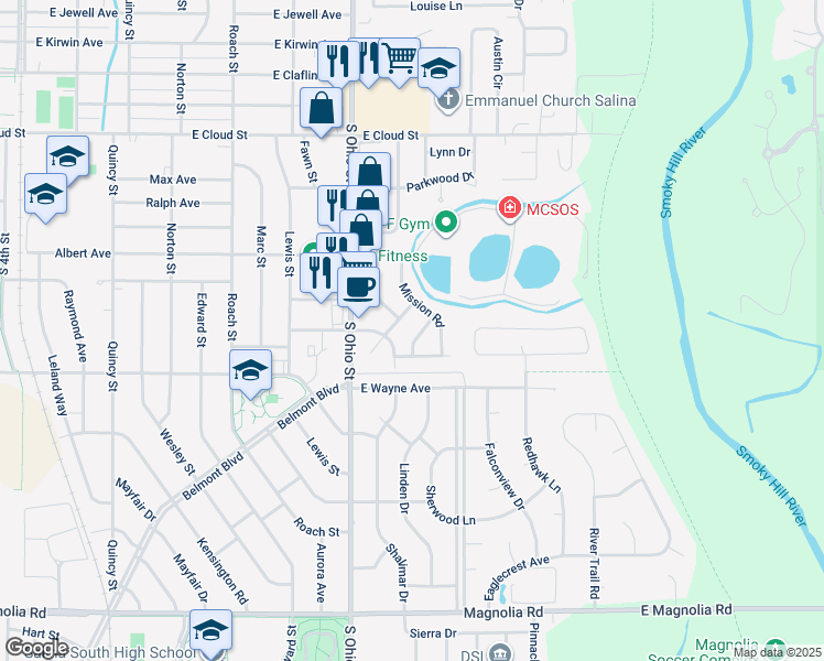 map of restaurants, bars, coffee shops, grocery stores, and more near 2063 Lambertson Lane in Salina