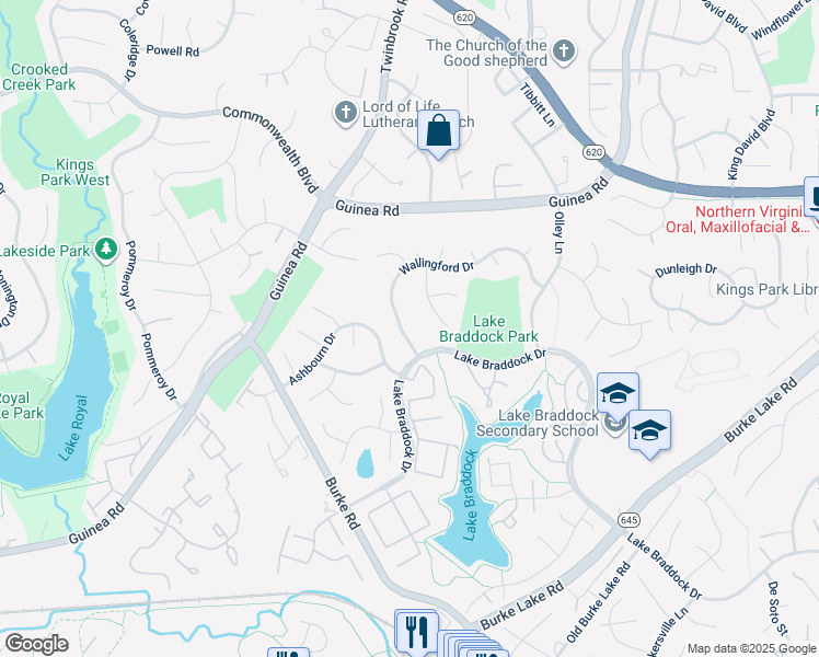 map of restaurants, bars, coffee shops, grocery stores, and more near 9529 Wallingford Drive in Burke