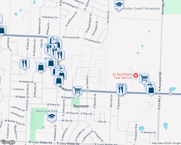 map of restaurants, bars, coffee shops, grocery stores, and more near 219 Jenny Lane in Raymore