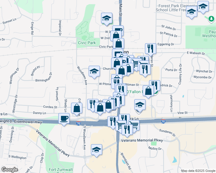 map of restaurants, bars, coffee shops, grocery stores, and more near 204 West Pitman Street in O'Fallon