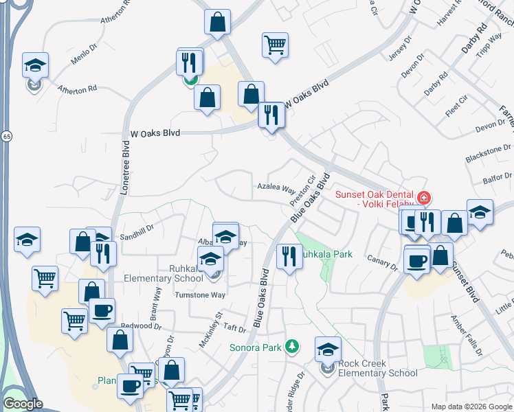 map of restaurants, bars, coffee shops, grocery stores, and more near 2019 Cassia Way in Rocklin
