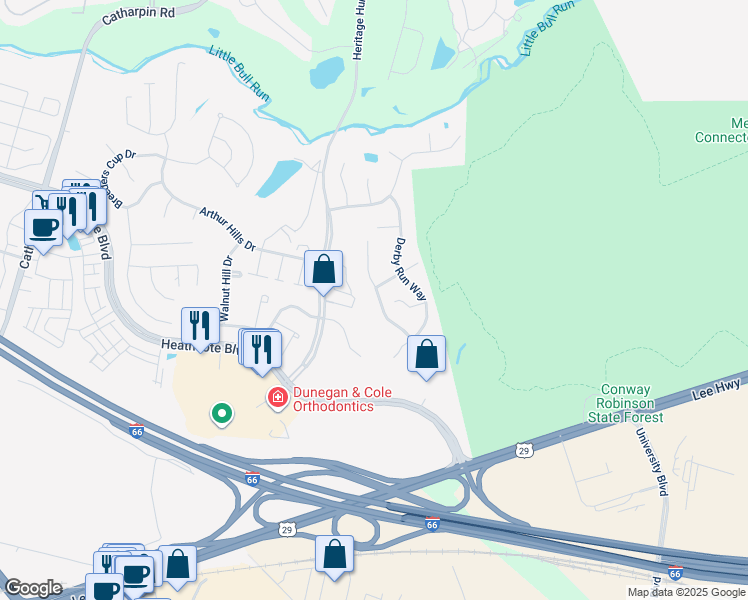 map of restaurants, bars, coffee shops, grocery stores, and more near 6868 Saddle Run Way in Gainesville