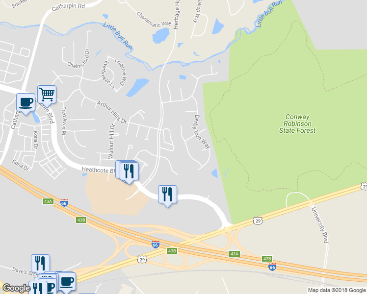 map of restaurants, bars, coffee shops, grocery stores, and more near 6868 Saddle Run Way in Gainesville
