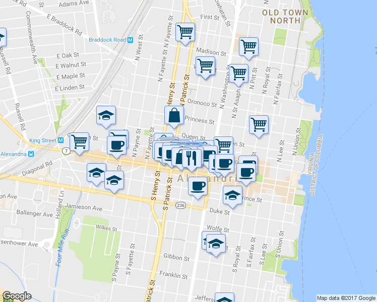 map of restaurants, bars, coffee shops, grocery stores, and more near 801 Cameron St in Alexandria
