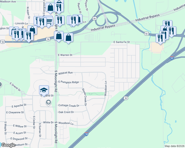 map of restaurants, bars, coffee shops, grocery stores, and more near 308 Ghost Creek Lane in Gardner