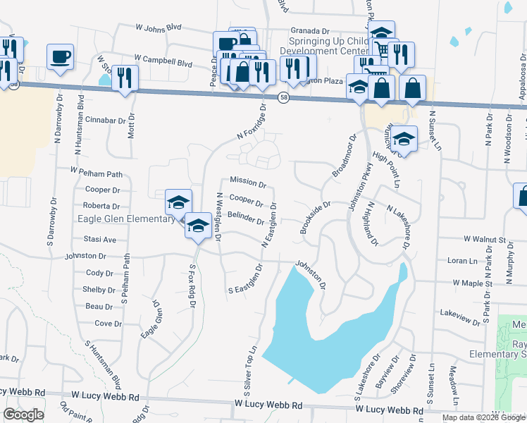 map of restaurants, bars, coffee shops, grocery stores, and more near 1203 Cooper Drive in Raymore