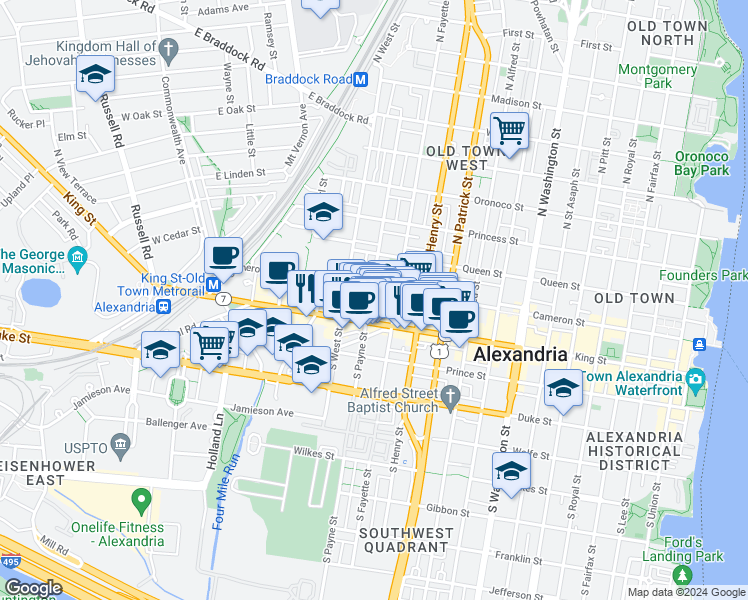 map of restaurants, bars, coffee shops, grocery stores, and more near 119 North Payne Street in Alexandria