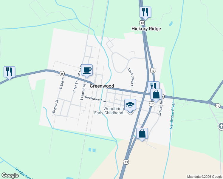map of restaurants, bars, coffee shops, grocery stores, and more near 108 Market Street in Greenwood