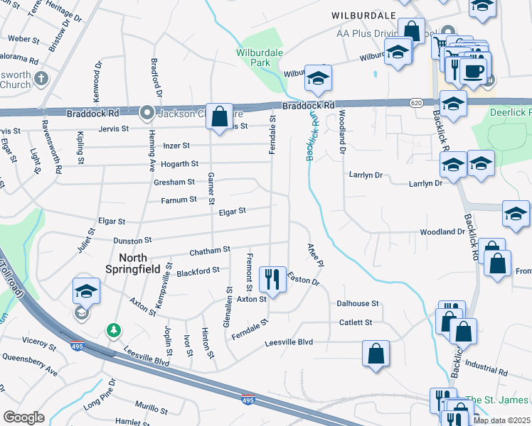 map of restaurants, bars, coffee shops, grocery stores, and more near 5305 Ferndale Street in Springfield