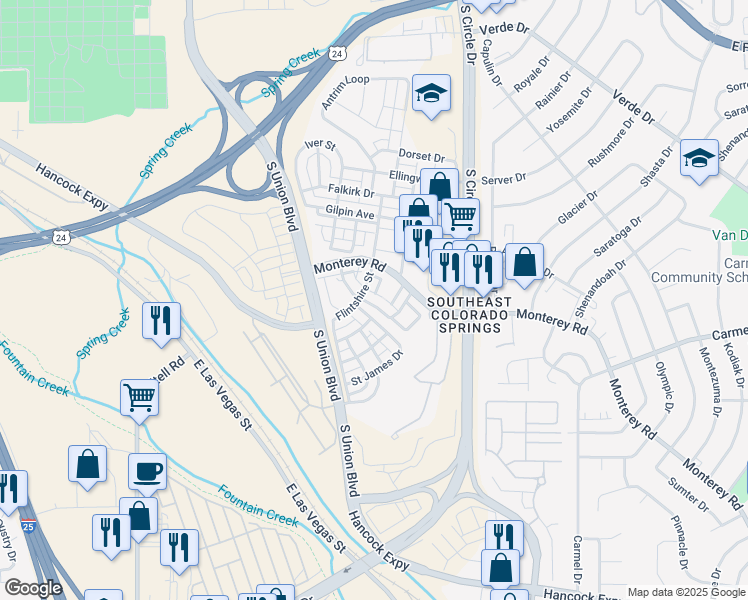 map of restaurants, bars, coffee shops, grocery stores, and more near 2294 Saint Paul Drive in Colorado Springs
