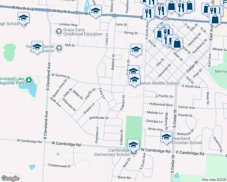 map of restaurants, bars, coffee shops, grocery stores, and more near 208 Pacific Drive in Belton