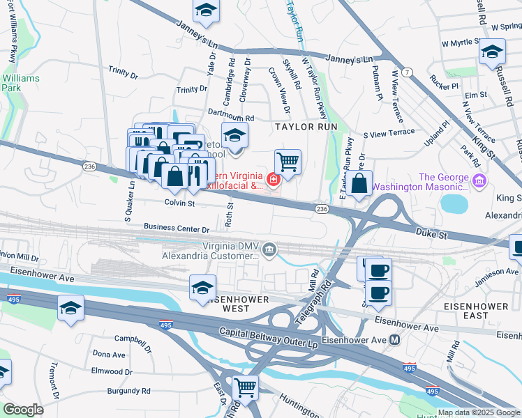 map of restaurants, bars, coffee shops, grocery stores, and more near 2836 Duke Street in Alexandria