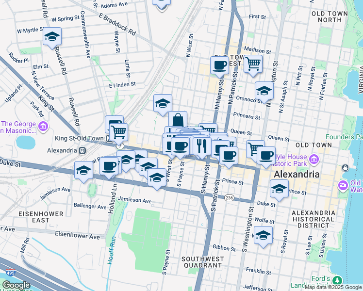 map of restaurants, bars, coffee shops, grocery stores, and more near 116 North Payne Street in Alexandria