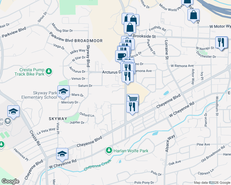 map of restaurants, bars, coffee shops, grocery stores, and more near 859 Redemption Point in Colorado Springs