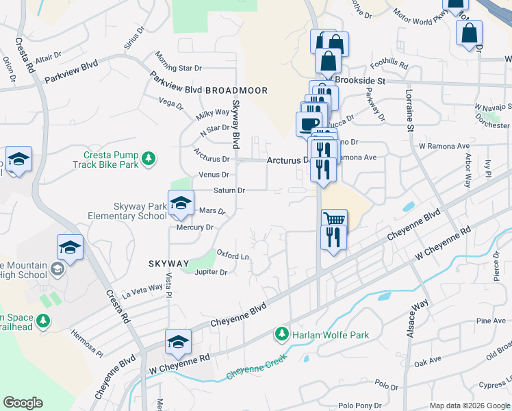 map of restaurants, bars, coffee shops, grocery stores, and more near 939 Skyway Boulevard in Colorado Springs