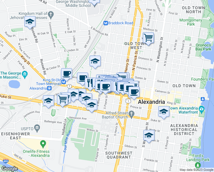 map of restaurants, bars, coffee shops, grocery stores, and more near 116 North Payne Street in Alexandria