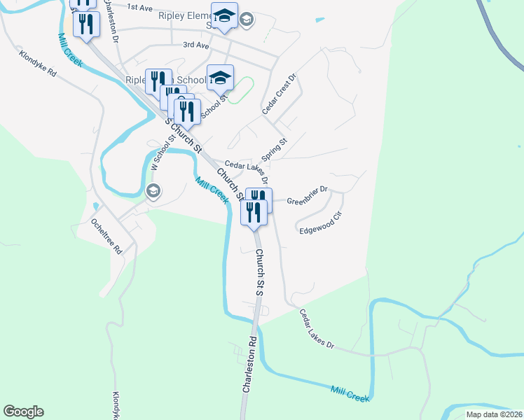 map of restaurants, bars, coffee shops, grocery stores, and more near 104 Greer St in Ripley