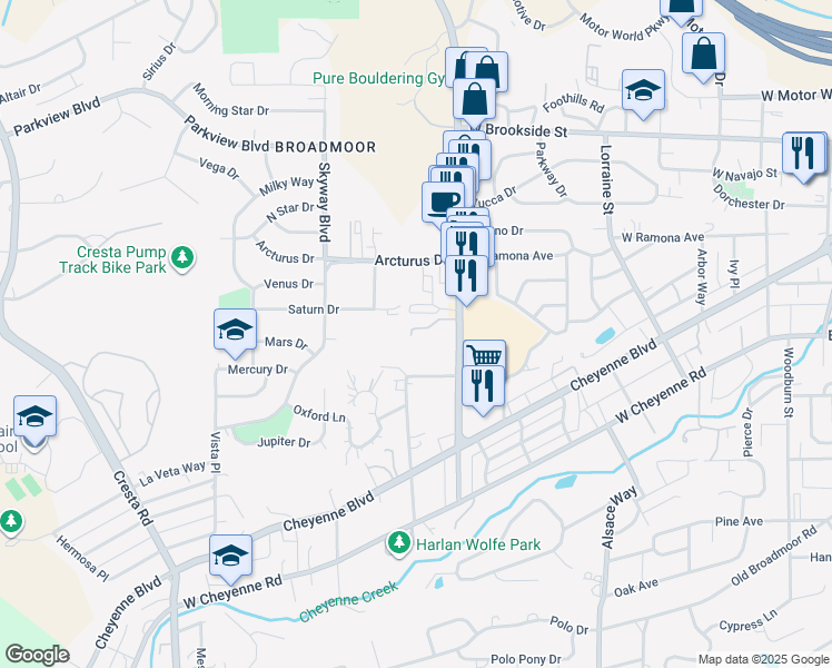 map of restaurants, bars, coffee shops, grocery stores, and more near 859 Redemption Point in Colorado Springs