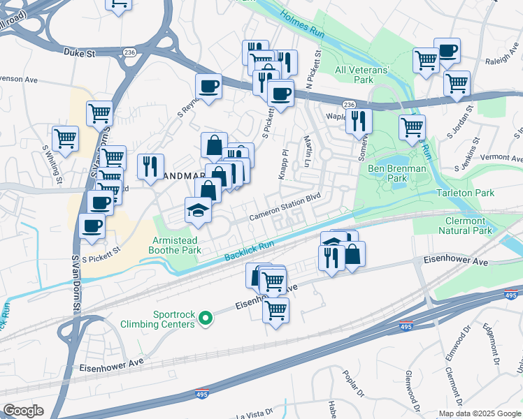 map of restaurants, bars, coffee shops, grocery stores, and more near 5255 Colonel Johnson Lane in Alexandria