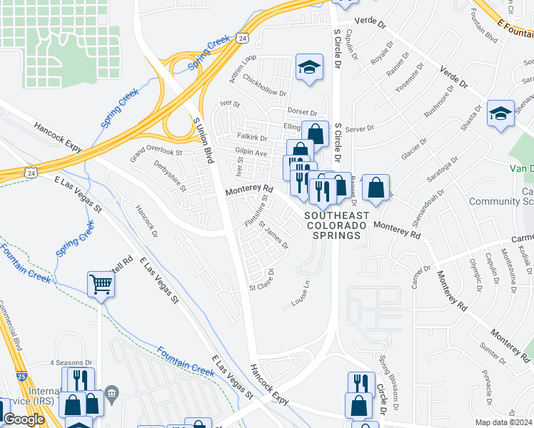 map of restaurants, bars, coffee shops, grocery stores, and more near 2284 Saint Paul Drive in Colorado Springs
