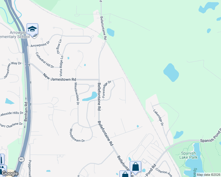 map of restaurants, bars, coffee shops, grocery stores, and more near 1645 Clock Tower Drive in St. Louis