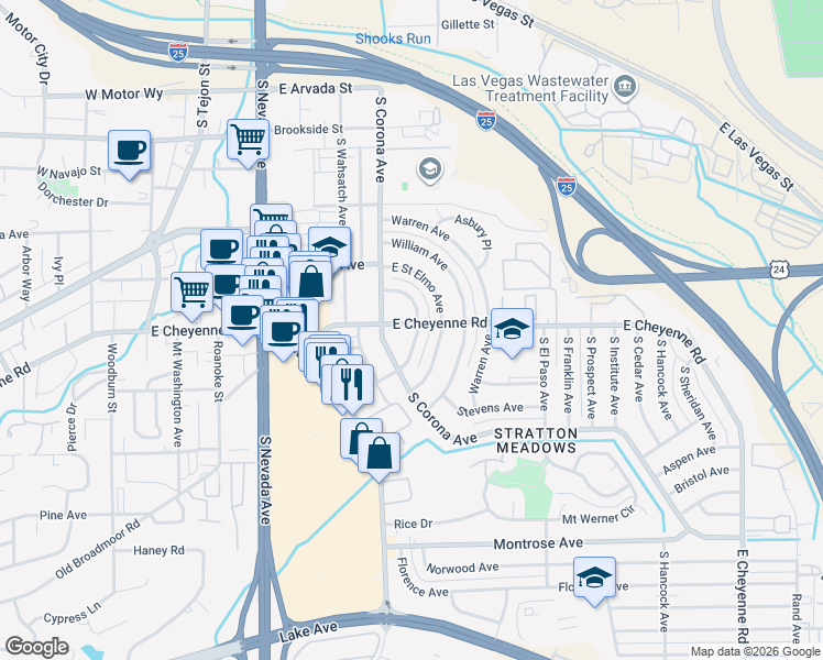 map of restaurants, bars, coffee shops, grocery stores, and more near 515 East Cheyenne Road in Colorado Springs