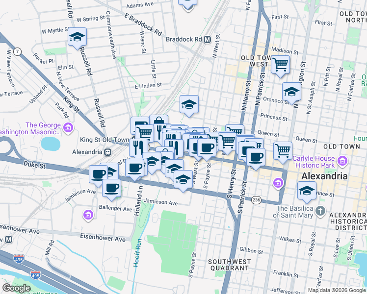 map of restaurants, bars, coffee shops, grocery stores, and more near 110 North Peyton Street in Alexandria