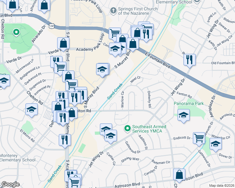 map of restaurants, bars, coffee shops, grocery stores, and more near 4220 Bluejay Court in Colorado Springs