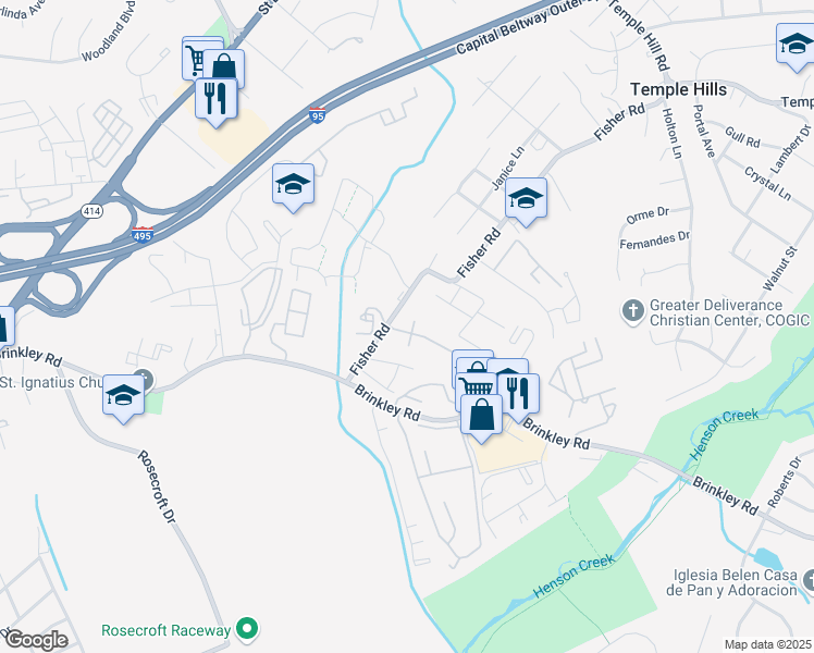 map of restaurants, bars, coffee shops, grocery stores, and more near 3000 Brinkley Station Drive in Temple Hills