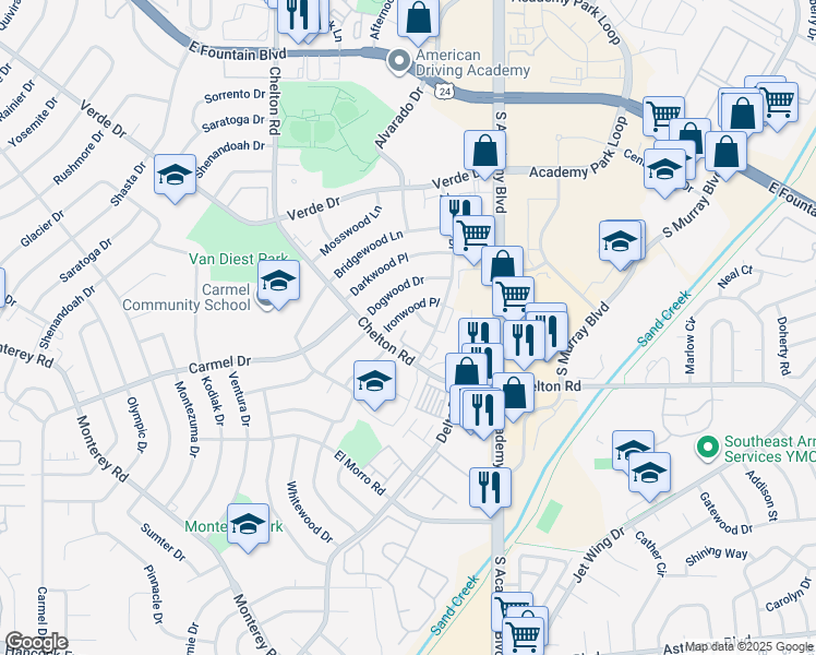 map of restaurants, bars, coffee shops, grocery stores, and more near 3535 Ironwood Place in Colorado Springs