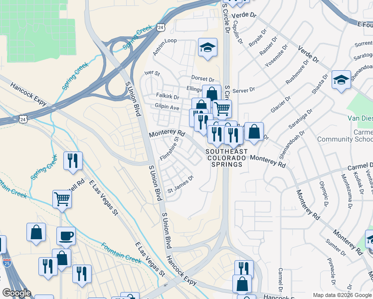 map of restaurants, bars, coffee shops, grocery stores, and more near 2314 Saint Paul Drive in Colorado Springs