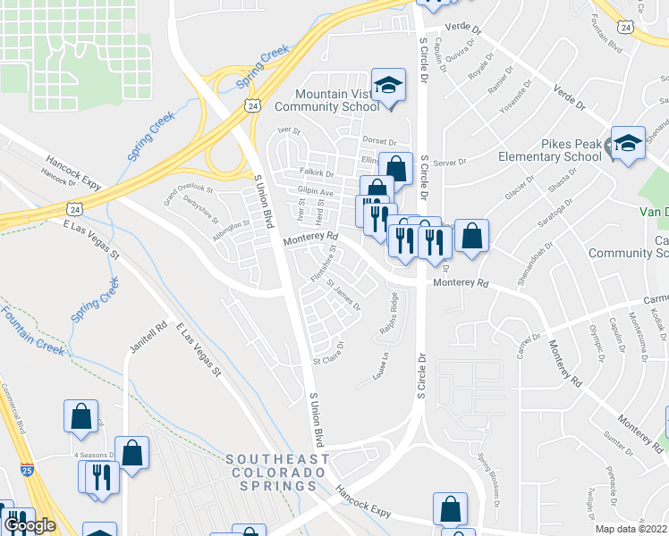 map of restaurants, bars, coffee shops, grocery stores, and more near 2314 Saint Paul Drive in Colorado Springs
