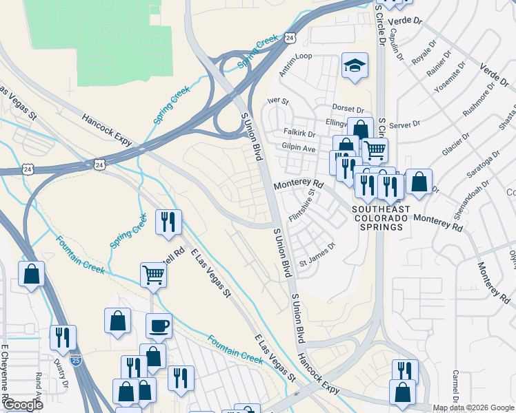 map of restaurants, bars, coffee shops, grocery stores, and more near 1878 Springs Vista Street in Colorado Springs